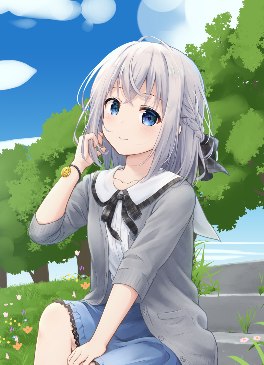 1girl, absurdres, black_ribbon, blue_eyes, blue_skirt, blue_sky, bow_legwear, braid
