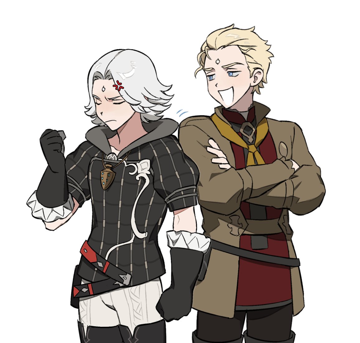 2boys, aged_down, anger_vein, annoyed, arm_at_side, belt, black_footwear, black_gloves
