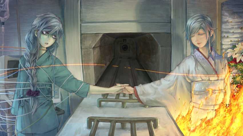 2girls, 633b, alternate_costume, bags_under_eyes, blue_eyes, braid, braided_ponytail, burning