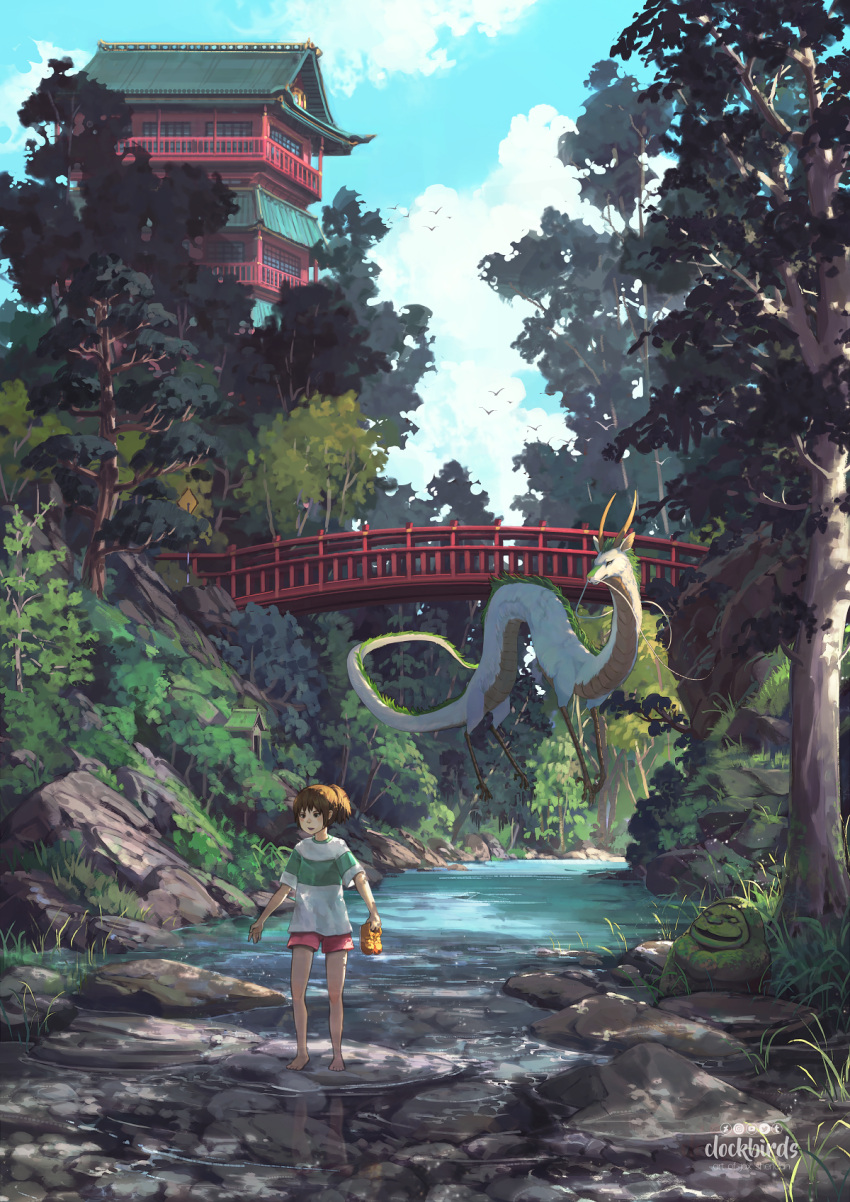 1girl, architecture, artist_name, barefoot, blue_sky, bridge, brown_hair, clockbirds, day, dragon, east_asian_architecture, english_commentary, full_body, grass, haku_(sen_to_chihiro_no_kamikakushi), highres, medium_hair, moss, ogino_chihiro, open_mouth, outdoors, photoshop_(medium), red_shorts, reflection, reflective_water, scenery, sen_to_chihiro_no_kamikakushi, shirt, short_sleeves, shorts, sky, standing, tree, water, white_shirt