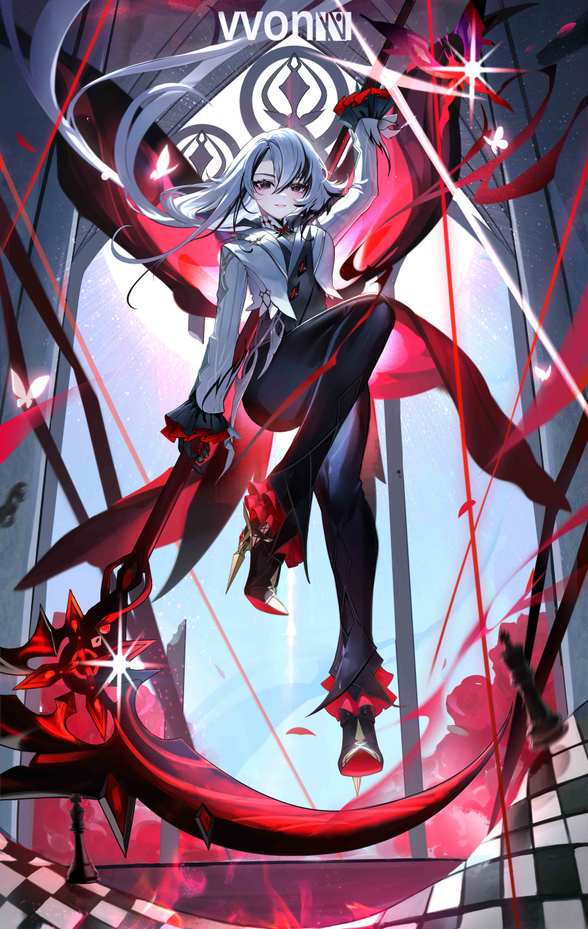 1girl, absurdres, alternate_hairstyle, arlecchino_(genshin_impact), arm_up, artist_name, black_eyes, black_footwear