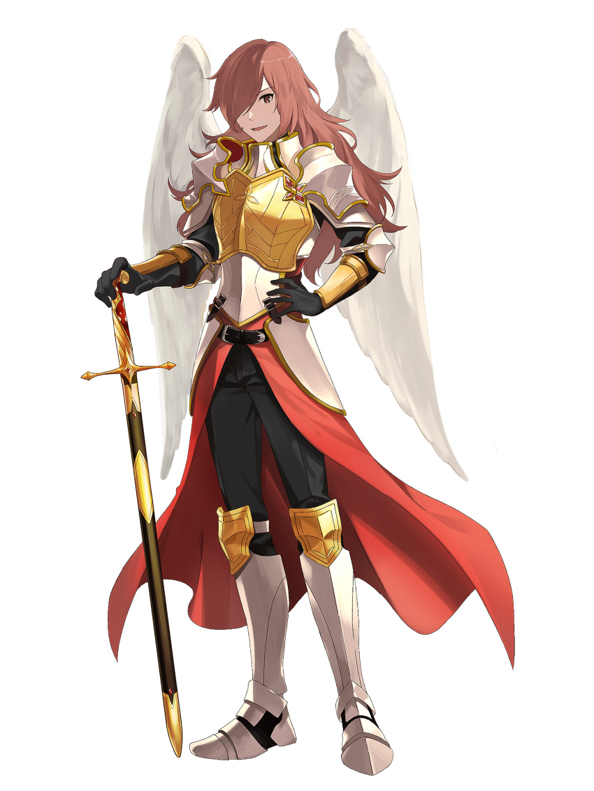 1boy, a_hubert, armor, belt, black_gloves, boots, bracer, brown_eyes