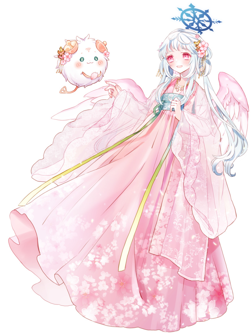 +_+, 1girl, :d, animal, chain_paradox, dress, flower, full_body