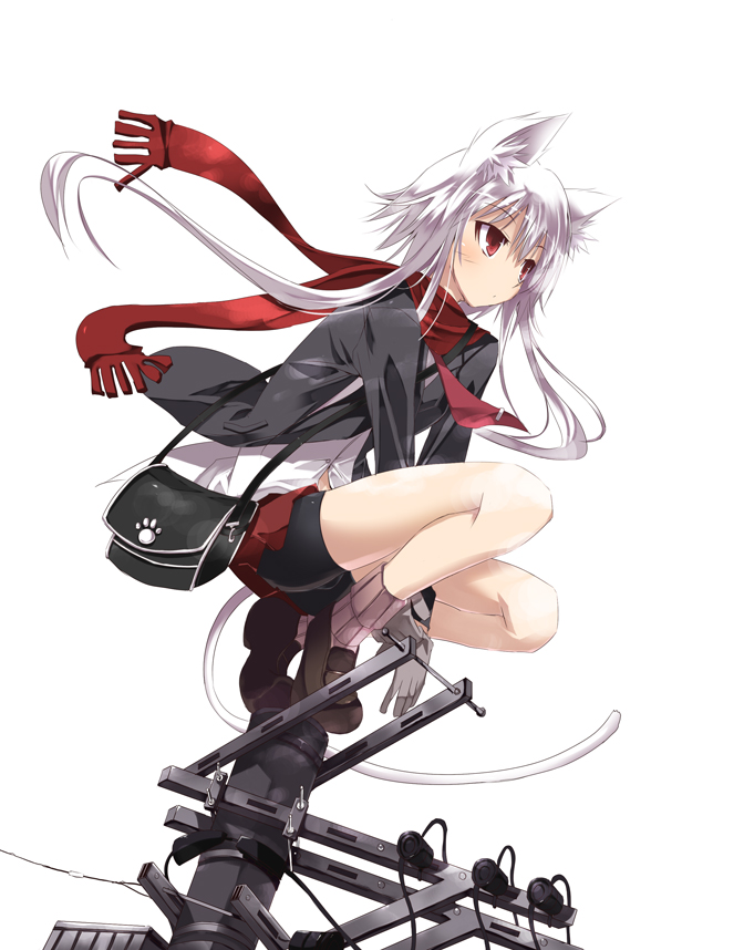 bag, bike_shorts, blazer, cat_ears, cat_tail, long_hair, looking_afar, on_top_of_pole