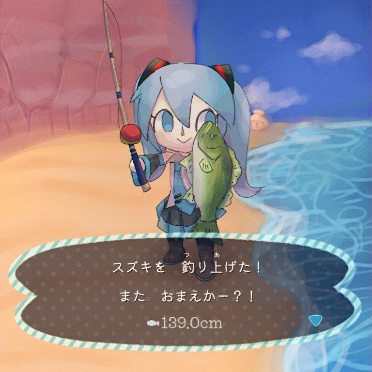 1girl, :>, animal, animal_crossing, beach, black_footwear, black_skirt, blue_eyes