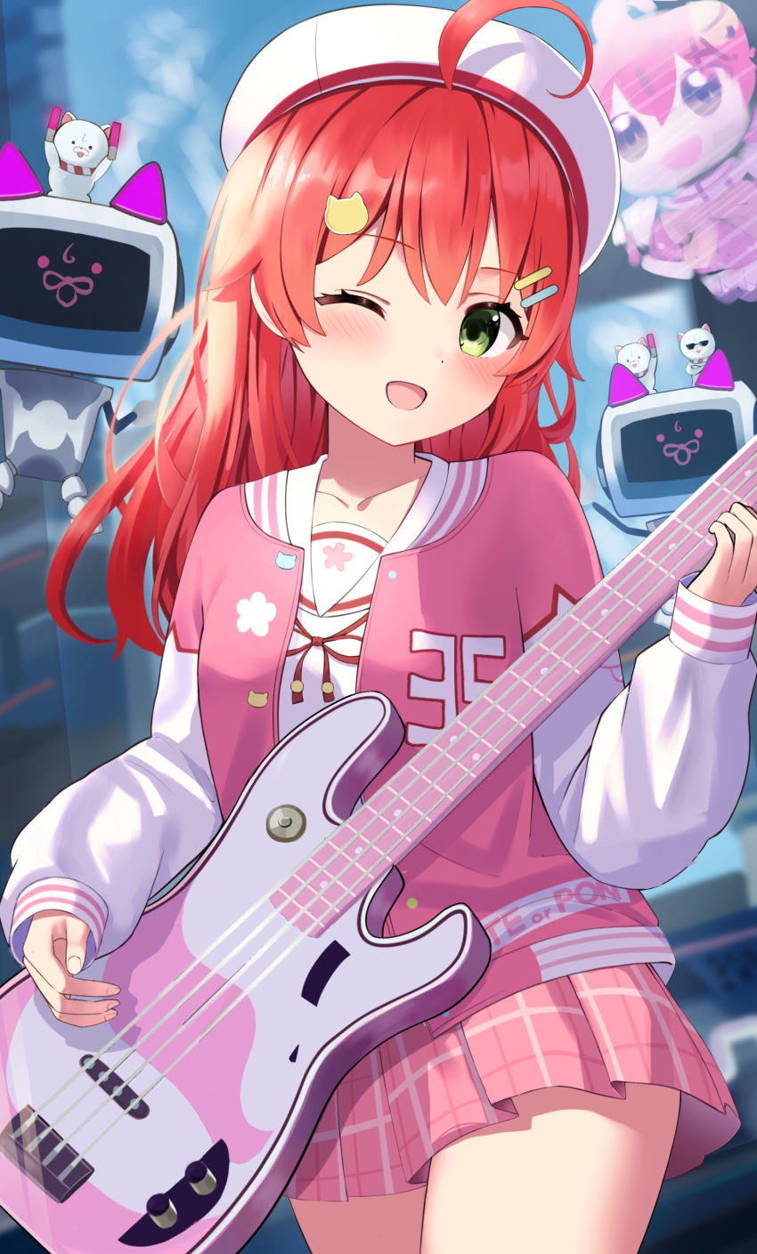 1girl, 35p_(sakura_miko), absurdres, ahoge, aoraine, bass_guitar, beret, blush