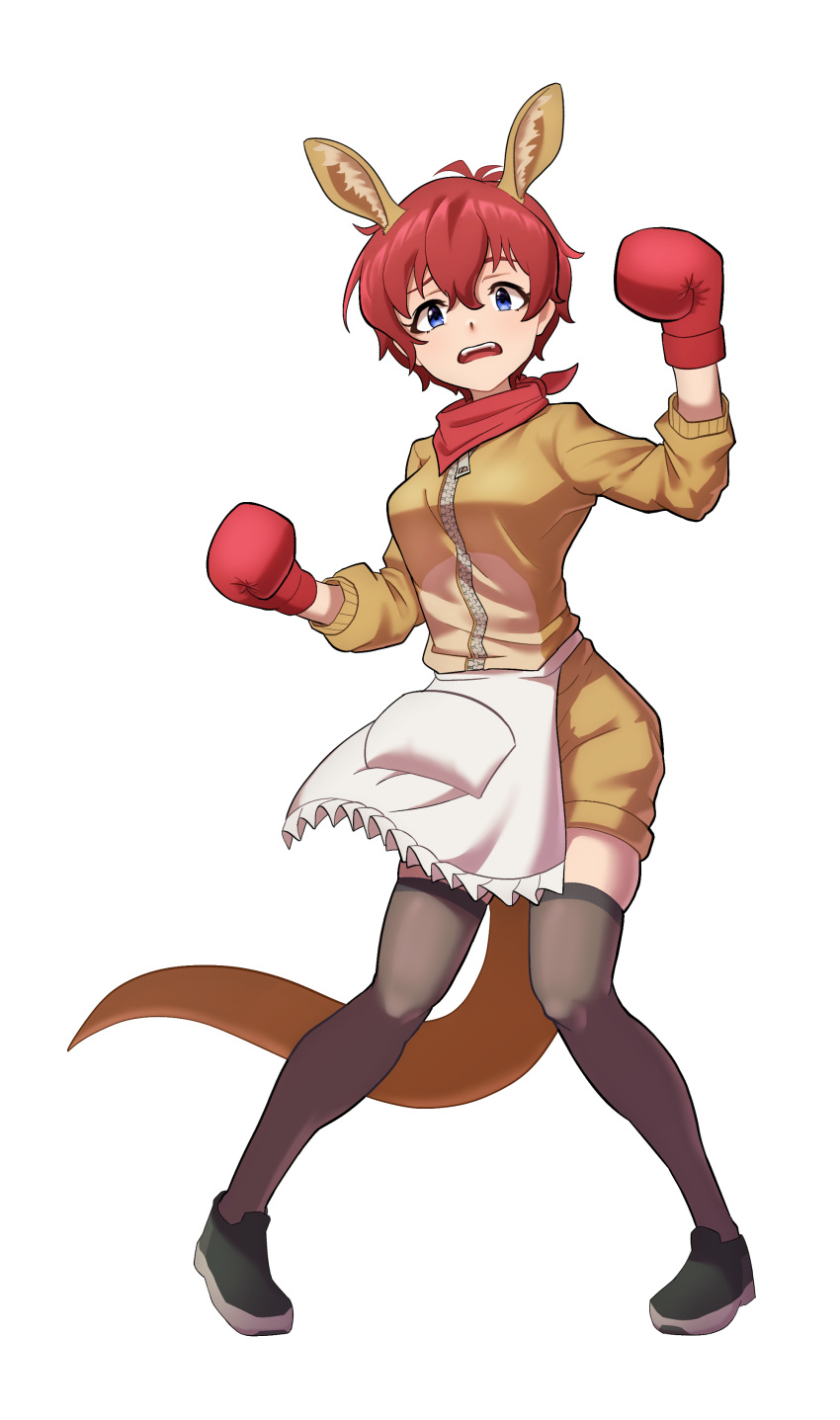 1girl, absurdres, animal_ears, apron, bandana, black_footwear, black_thighhighs, blue_eyes