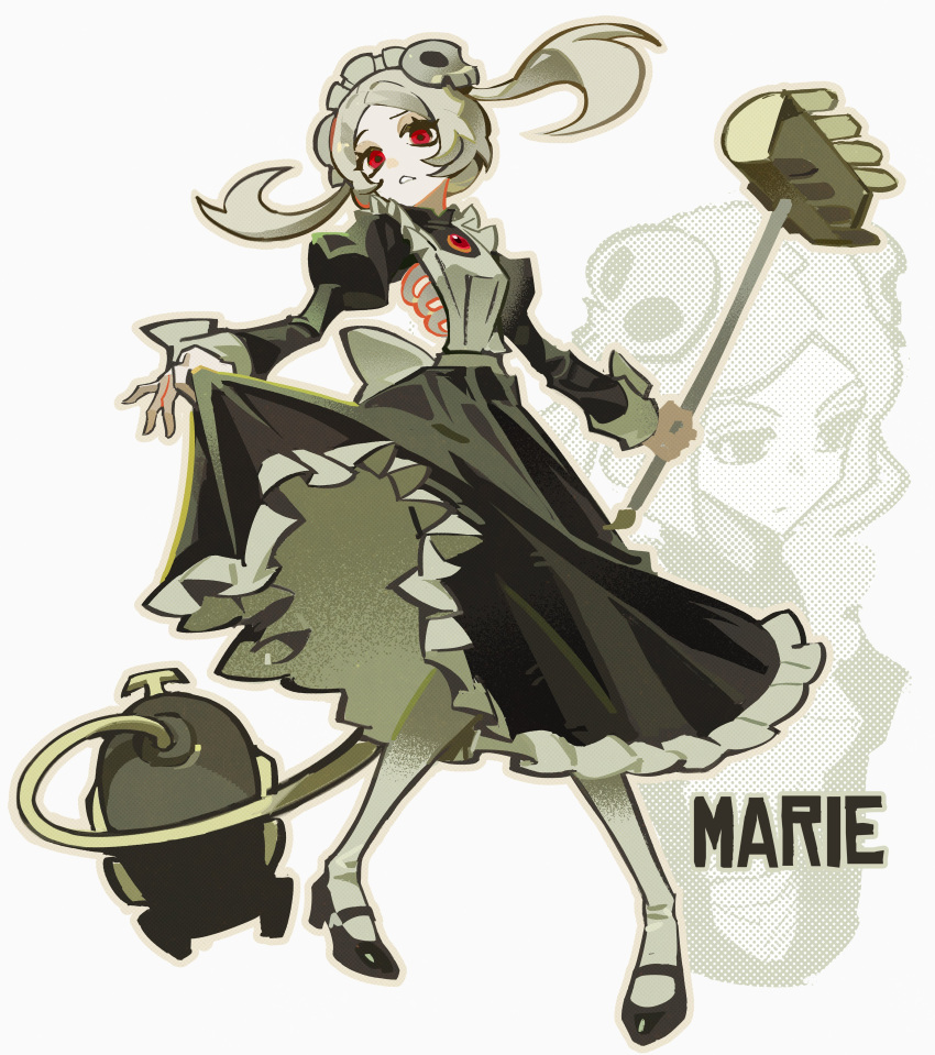 1girl, 672000each, absurdres, apron, black_dress, black_footwear, bloody_marie_(skullgirls), character_name, clothes_lift, dress, dress_lift, full_body, grey_hair, hair_ornament, highres, holding_vacuum_cleaner, long_hair, maid, maid_apron, maid_headdress, outline, pantyhose, red_eyes, skull_hair_ornament, skullgirls, solo, standing, twintails, white_background, white_pantyhose, zoom_layer