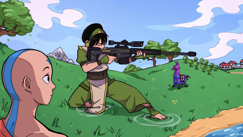 1boy, 1girl, aang, aiming, avatar:_the_last_airbender, avatar_legends, bald, barefoot, black_hair, blind, chinese_clothes, crossover, dashi_(dashiart), forehead_tattoo, fortnite, geokinesis, gun, hair_bun, highres, house, lake, monk, pinata, rifle, sand, single_hair_bun, sniper_rifle, tattoo, toph_bei_fong, weapon