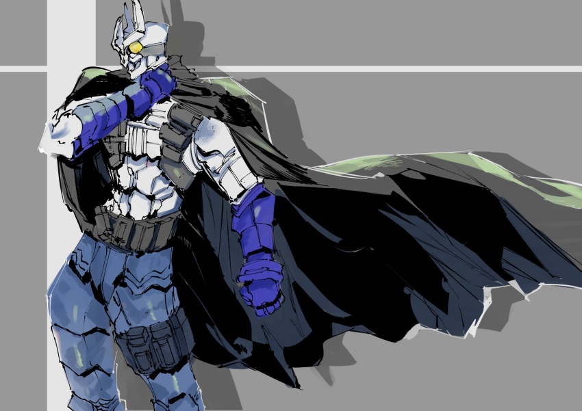 1boy, antennae, armor, armored_gloves, black_cape, blue_gloves, cape, commentary_request
