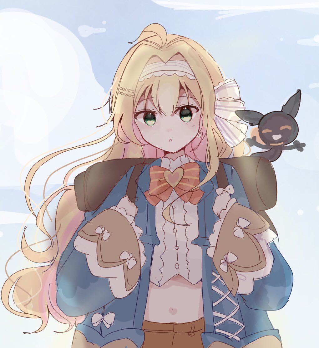 1girl, :o, backpack, bag, blonde_hair, blue_sky, blush, bow