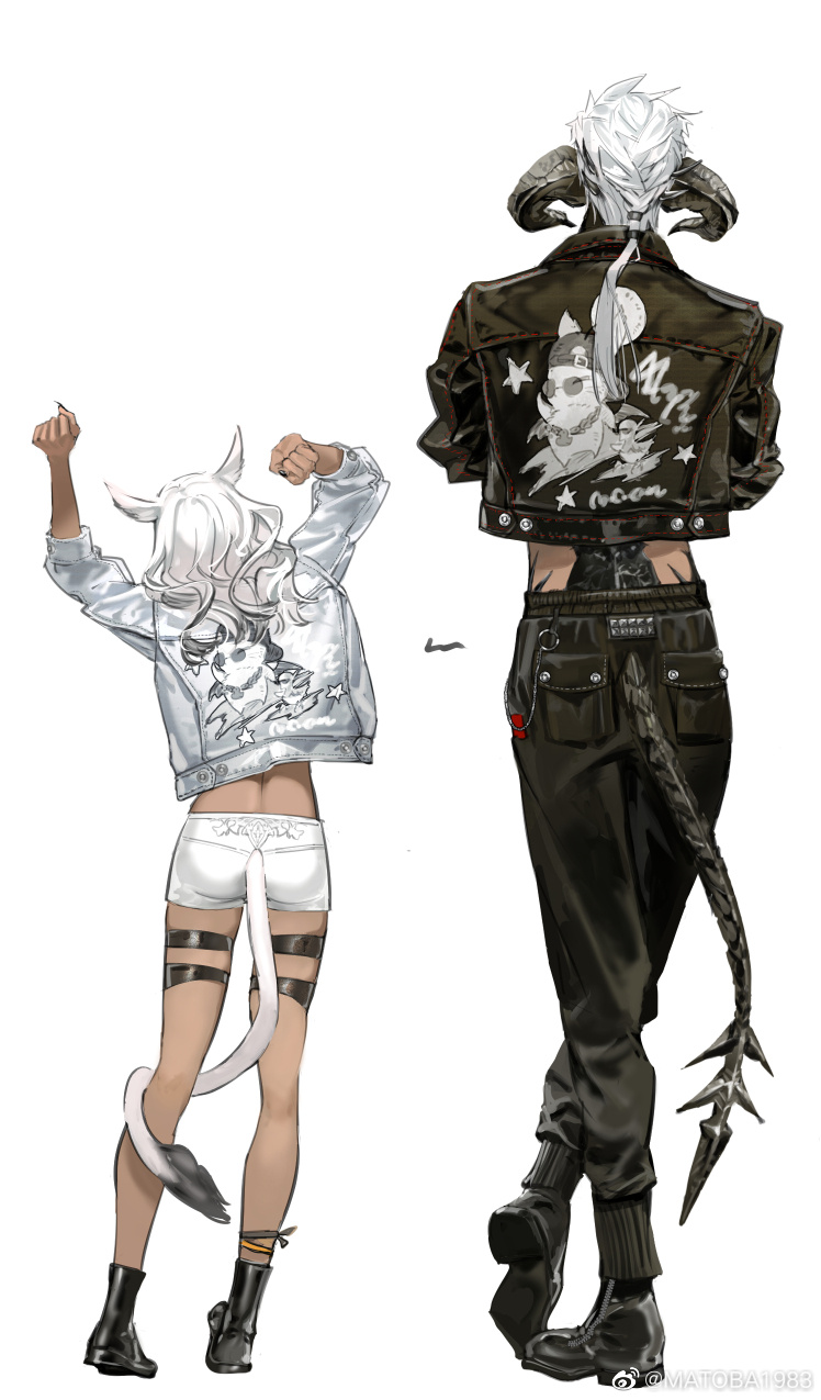 1boy, 1girl, animal_ears, ankle_boots, anklet, arms_up, au_ra, black_footwear