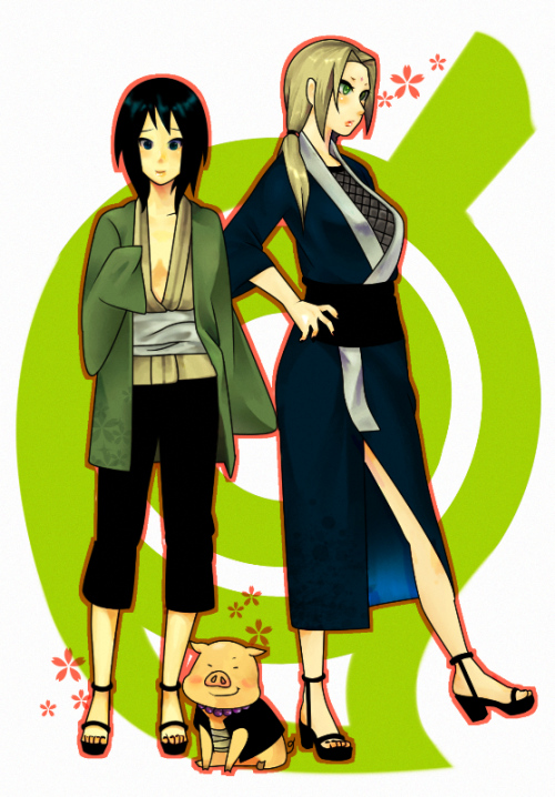 alternate_costume, black_hair, blonde_hair, cosplay, costume_switch, flat_chest, multiple_girls, naruto