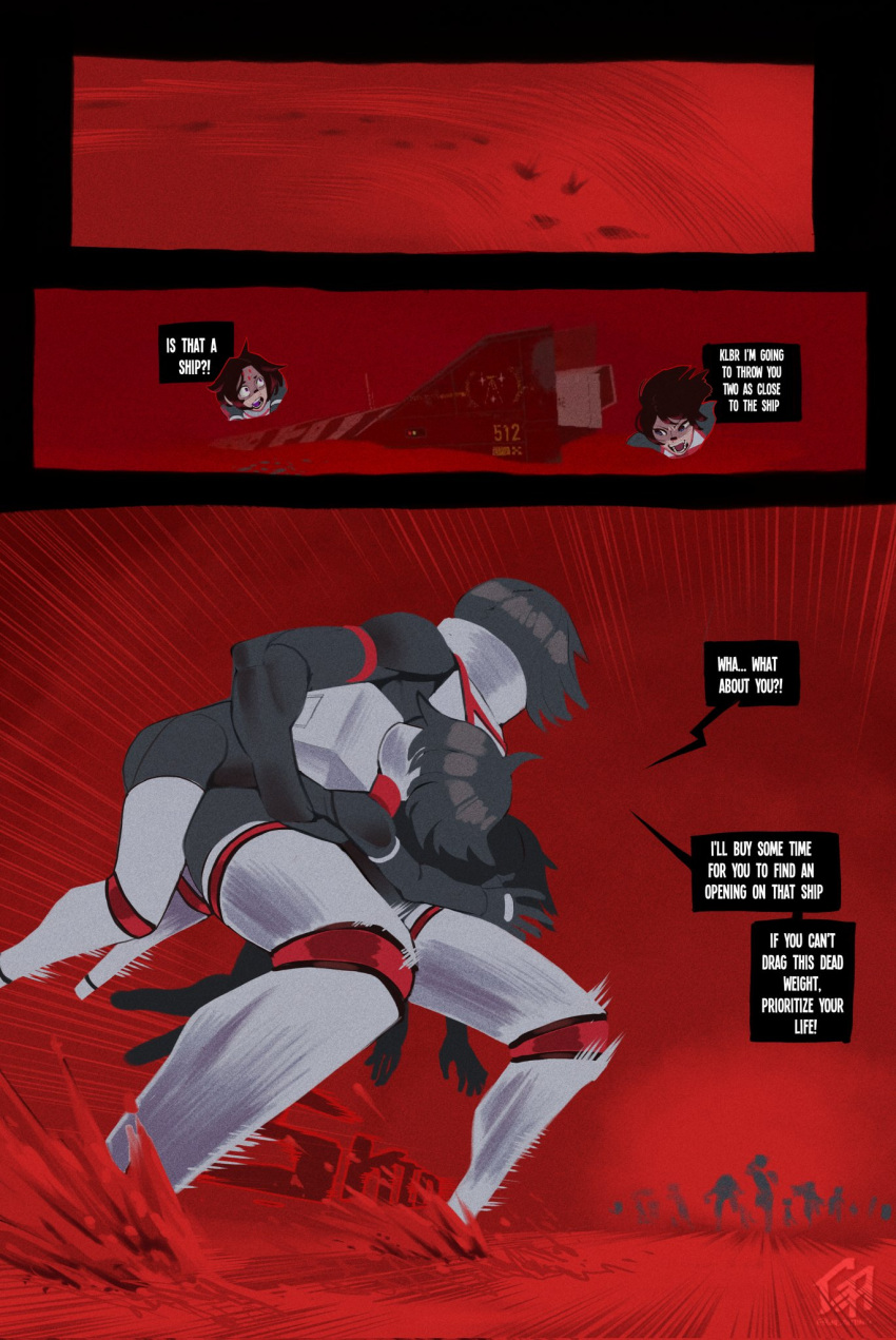 3girls, android, armor, black_hair, digitigrade, elster_(signalis), english_text, facial_mark