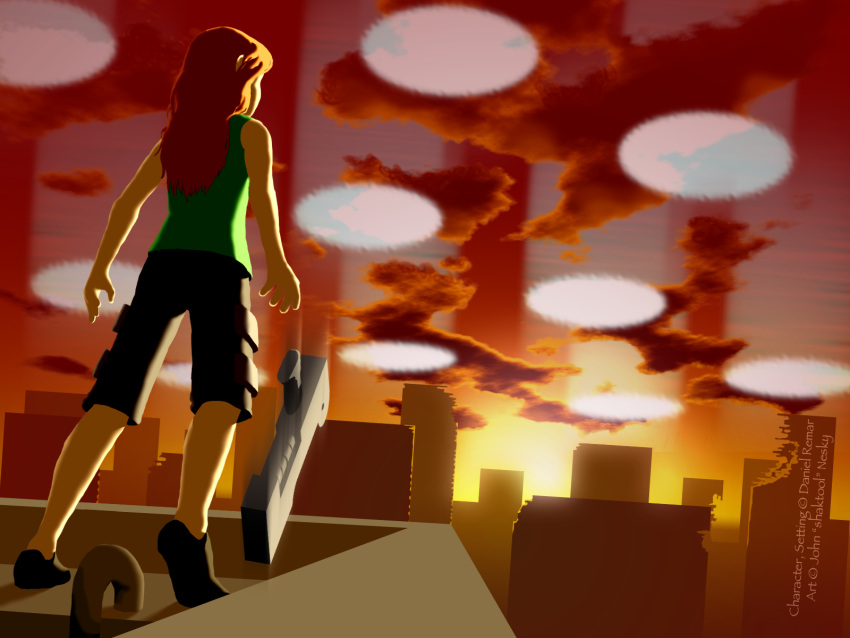cityscape, cyborg, from_behind, gun, iji, iji_kataiser, long_hair, weapon
