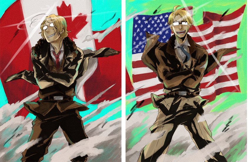 ahoge, america, america_(hetalia), american_flag, axis_powers_hetalia, belt, blonde_hair, bomber_jacket