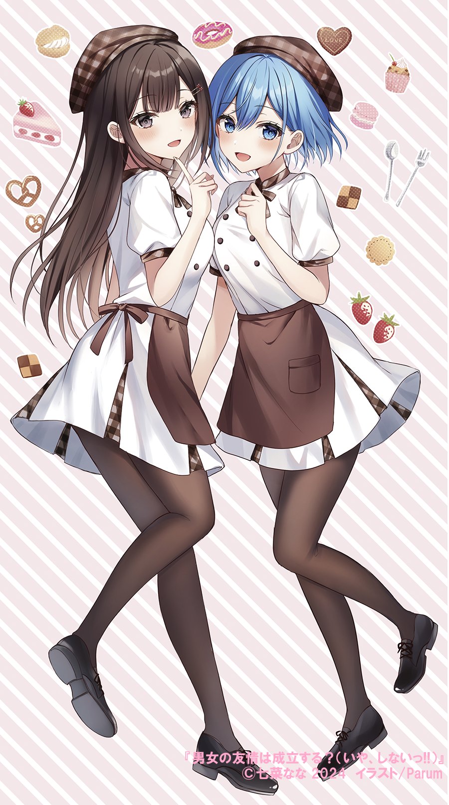 2girls, :d, apron, artist_name, beret, black_eyes, black_footwear, black_hair