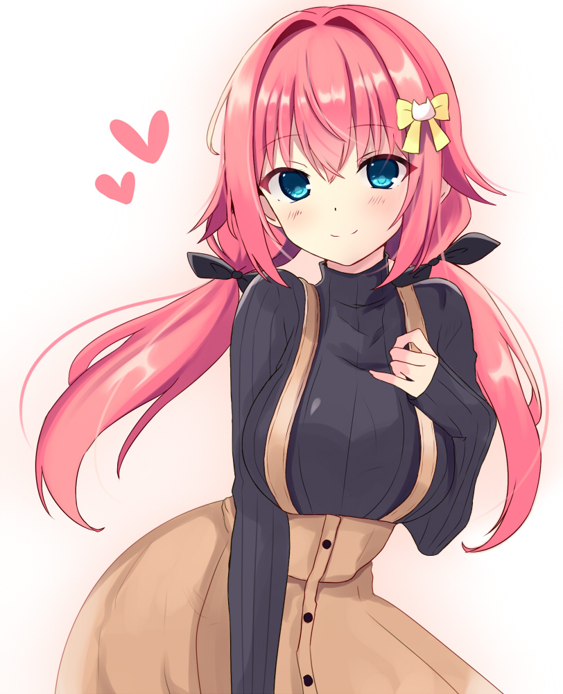 1girl, black_ribbon, black_sweater, blue_eyes, blush, bow, breasts, brown_skirt, casual, cat_hair_ornament, closed_mouth, commentary_request, cowboy_shot, crossed_bangs, hair_between_eyes, hair_bow, hair_intakes, hair_ornament, hair_ribbon, hamidashi_creative, hand_on_own_chest, hand_up, happy, heart, high-waist_skirt, large_breasts, long_hair, looking_at_viewer, low_twintails, miyako_(mongcocoa), pink_hair, ribbed_sweater, ribbon, simple_background, skirt, sleeves_past_wrists, smile, solo, split_mouth, suspender_skirt, suspenders, sweater, tokiwa_kano, tsurime, turtleneck, turtleneck_sweater, twintails, very_long_hair, white_background, yellow_bow