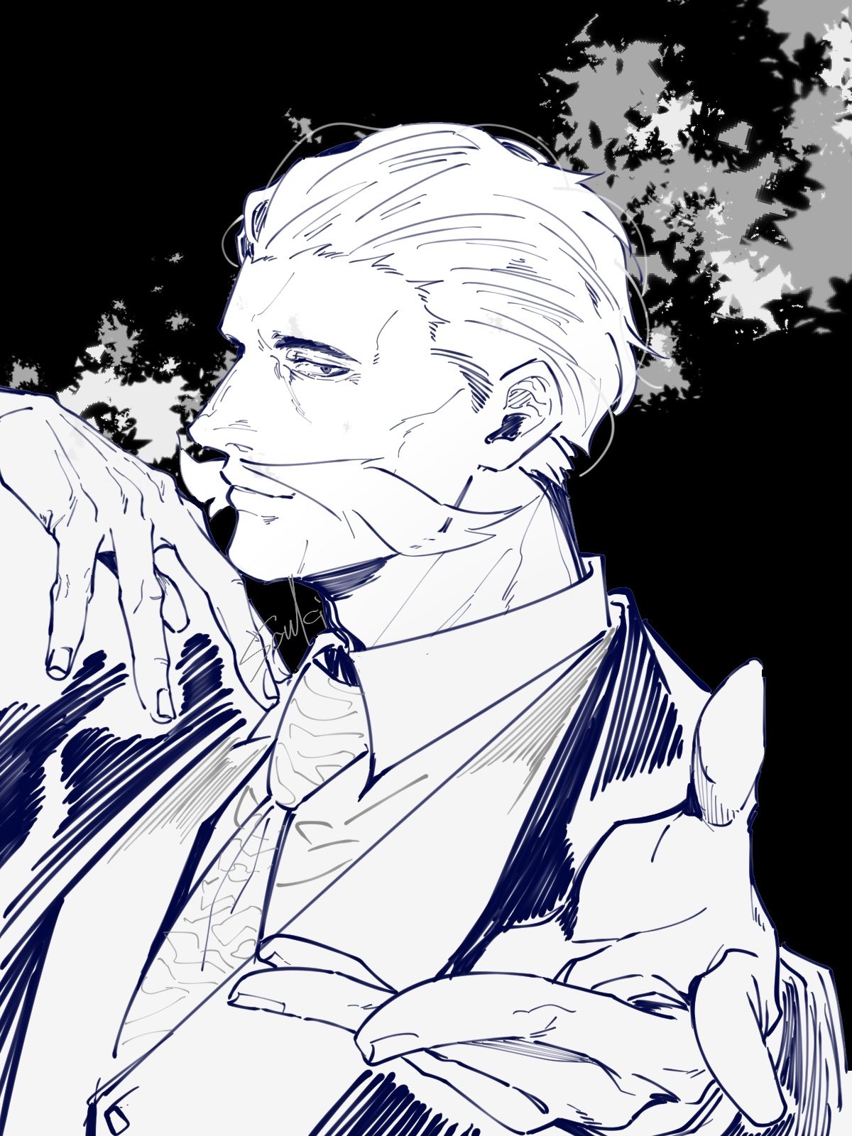 1boy, facial_hair, greyscale, hair_slicked_back, hands_up, highres, kagurabachi, mature_male, monochrome, mustache, necktie, sazanami_kyora, souki1203, suit