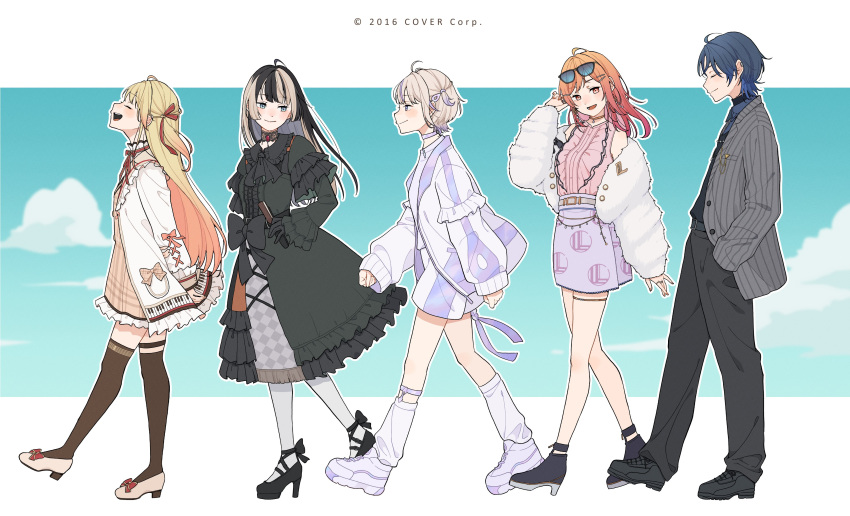 5girls, :d, absurdres, ahoge, arms_behind_back, belt, black_belt, black_footwear