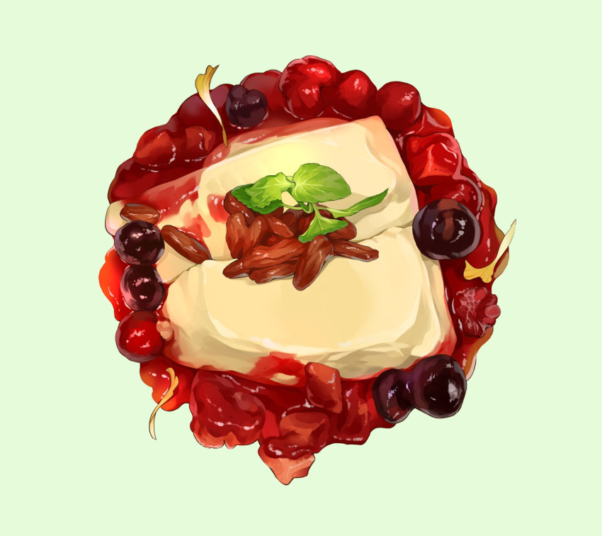 almond_tofu, berry, danryoku_(ucrh3525), dessert, food, food_focus, fruit, goji_berry, green_background, highres, leaf, no_humans, original, realistic, sauce, simple_background