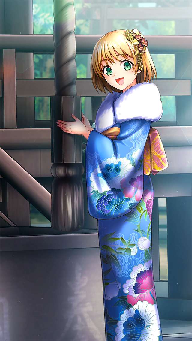 1girl, :d, blonde_hair, blue_kimono, day, doukyuusei_another_world, floral_print, flower