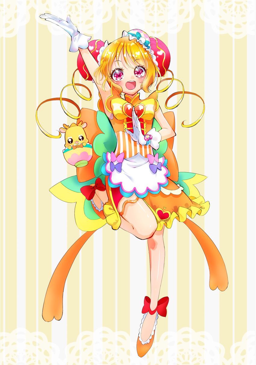 1girl, absurdres, arm_up, back_bow, bike_shorts, blonde_hair, bow, brooch