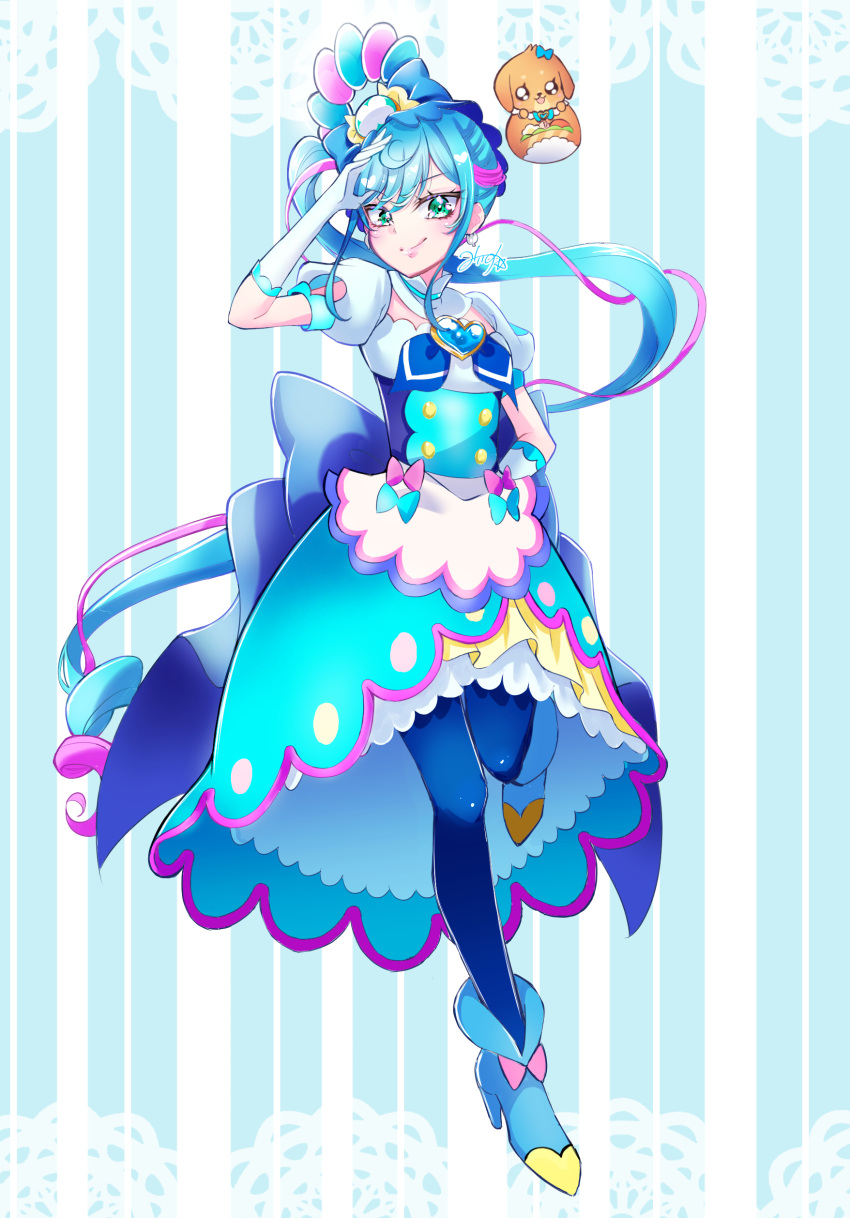 1girl, absurdres, artist_name, back_bow, blue_background, blue_bow, blue_dress, blue_eyes