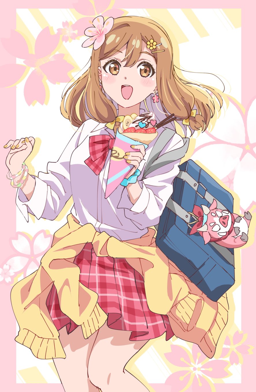 1girl, :d, bag, blue_scrunchie, blush, bow, bowtie, bracelet