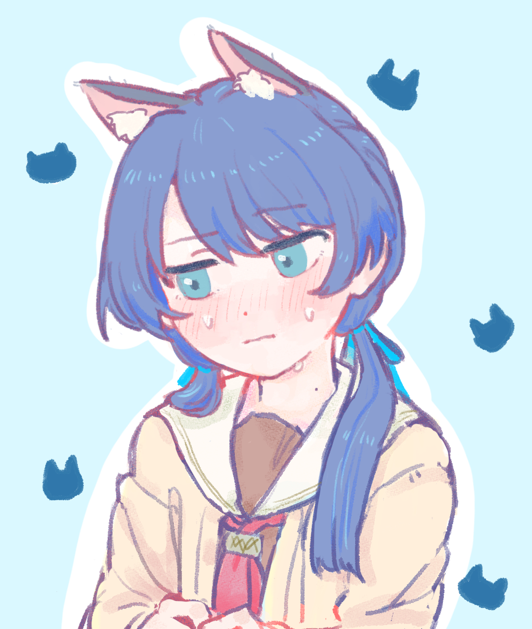 :|, animal_ear_fluff, animal_ears, blue_eyes, blue_hair, blue_ribbon, blush, brown_cardigan, brown_dress, cardigan, cat_symbol, closed_mouth, dark_blue_hair, dot_nose, dress, embarrassed, hasu_no_sora_school_uniform, highres, kemonomimi_mode, link!_like!_love_live!, long_hair, long_sleeves, looking_to_the_side, love_live!, low_twintails, mole, mole_on_neck, murano_sayaka, neckerchief, open_cardigan, open_clothes, outline, own_hands_together, red_neckerchief, ribbon, sailor_collar, sailor_dress, school_uniform, simple_background, sweat, sweatdrop, tknn0403, twintails, white_outline, white_sailor_collar