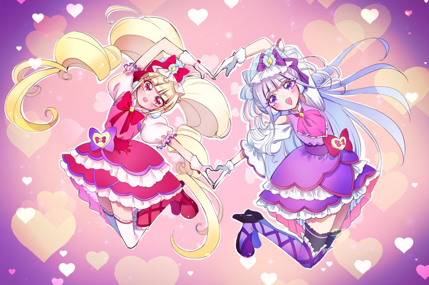 2girls, aisaki_emiru, ascot, black_thighhighs, blonde_hair, blunt_bangs, boots, bow