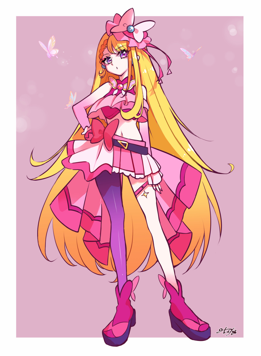 1girl, :o, absurdres, ankle_boots, artist_name, belt, black_belt, blonde_hair