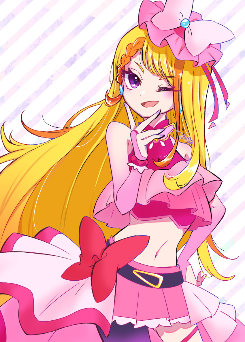1girl, artist_name, belt, black_belt, blonde_hair, bow_skirt, braid, braided_bangs