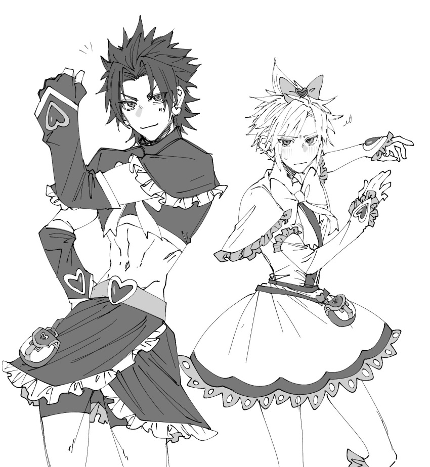 2boys, arm_warmers, bike_shorts, black_arm_warmers, blush, bow, brooch, closed_mouth