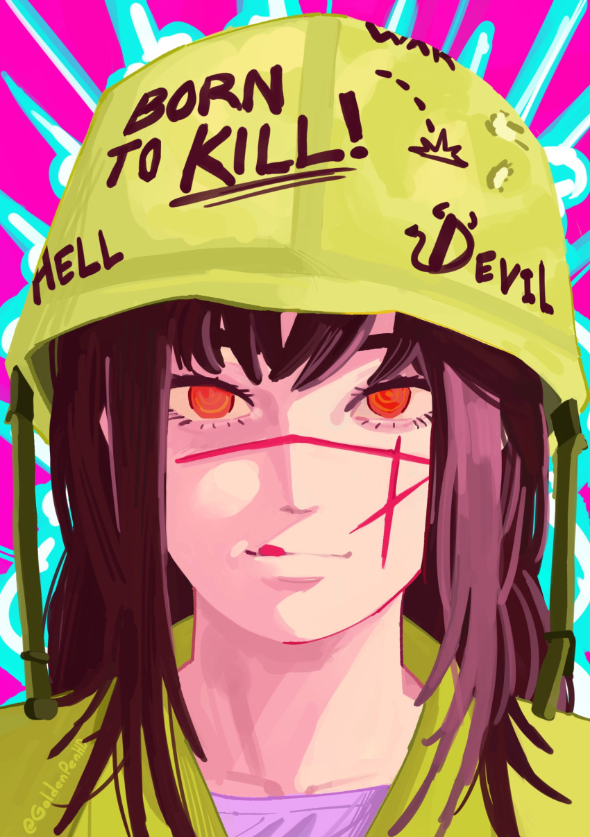 1girl, absurdres, black_hair, chainsaw_man, combat_helmet, cross_scar, full_metal_jacket, goldenpenhd
