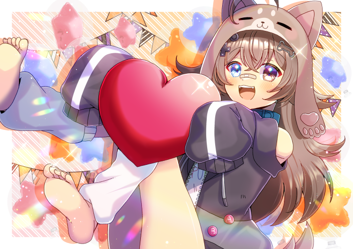 1girl, :d, ahoge, animal_ears, animal_hood, bandaid, bandaid_on_face, bandaid_on_nose