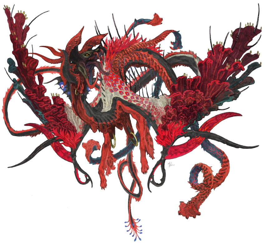 animal_focus, aokarasu_punko, commentary, fins, from_side, highres, horns, looking_at_viewer, mixed_horns, monster, multiple_horns, multiple_tails, no_humans, open_mouth, original, red_horns, red_teeth, sharp_teeth, simple_background, solo, spikes, tail, teeth, tongue, white_background, wings, yellow_eyes
