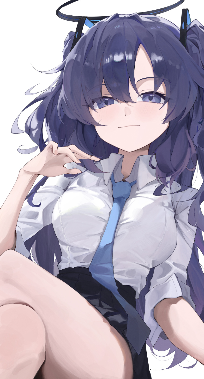 1girl, absurdres, black_halo, blue_archive, blue_necktie, blush, collared_shirt, commentary, halo, highres, kazami_yuuka, long_hair, looking_at_viewer, necktie, ninney5, purple_hair, shirt, solo, triangle_hair_ornament, twintails, violet_eyes, white_background, white_shirt, yuuka_(blue_archive)