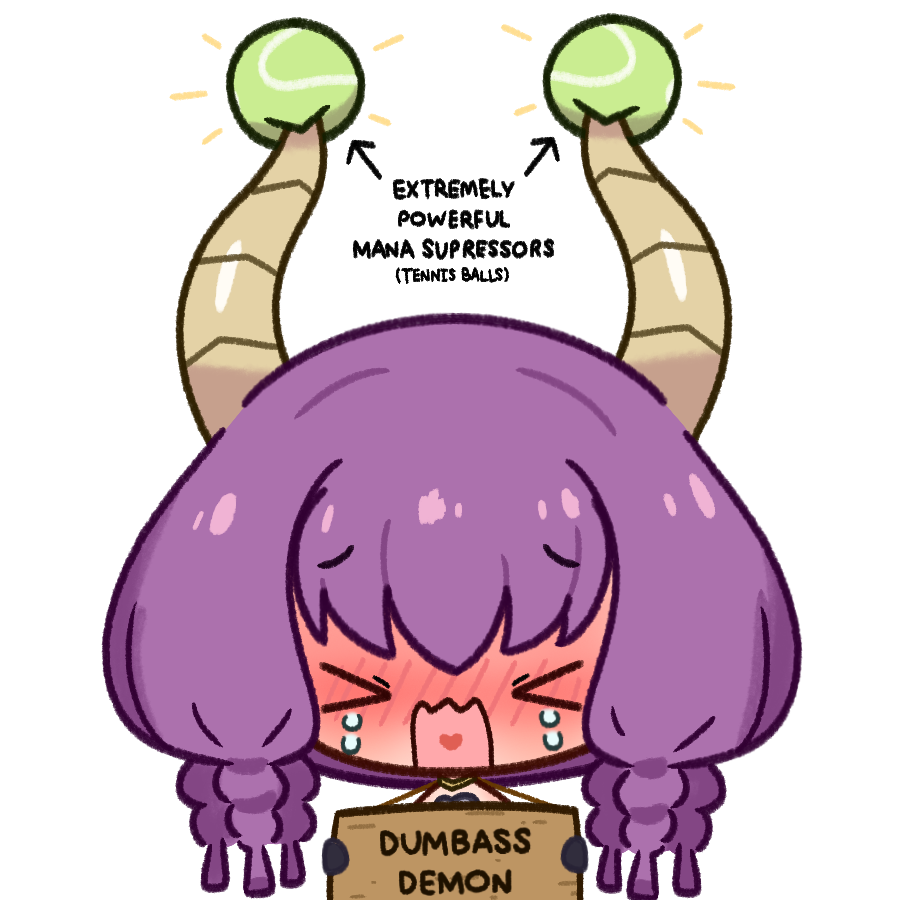 aura_(sousou_no_frieren), aura_bullying_(meme), ball, blush, braid, demon_girl, demon_horns, english_text