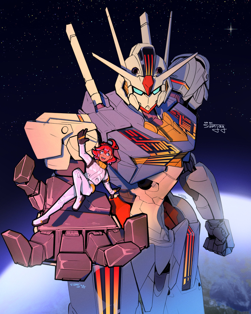 1girl, absurdres, arm_at_side, artist_name, black_hairband, blue_eyes, bodysuit, clenched_hand, commentary, cowlick, earth_(planet), english_commentary, foreshortening, gundam, gundam_aerial, gundam_suisei_no_majo, hair_between_eyes, hairband, highres, in_orbit, looking_up, mecha, mobile_suit, normal_suit, open_hand, open_mouth, outstretched_arm, outstretched_arms, pilot_suit, planet, redhead, robot, science_fiction, short_eyebrows, signature, smile, space, spacesuit, spread_arms, star_(sky), suletta_mercury, sumjag, teeth, thick_eyebrows, upper_teeth_only, v-fin, white_bodysuit, zero_gravity