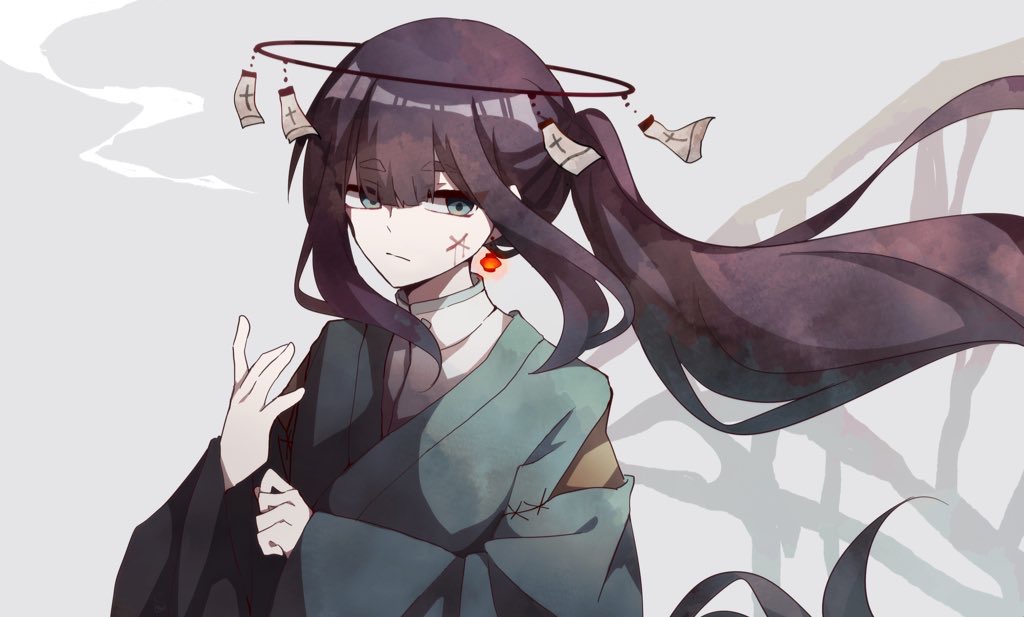 1boy, adjusting_sleeves, black_hair, earrings, frown, green_eyes, halo, ink_on_face