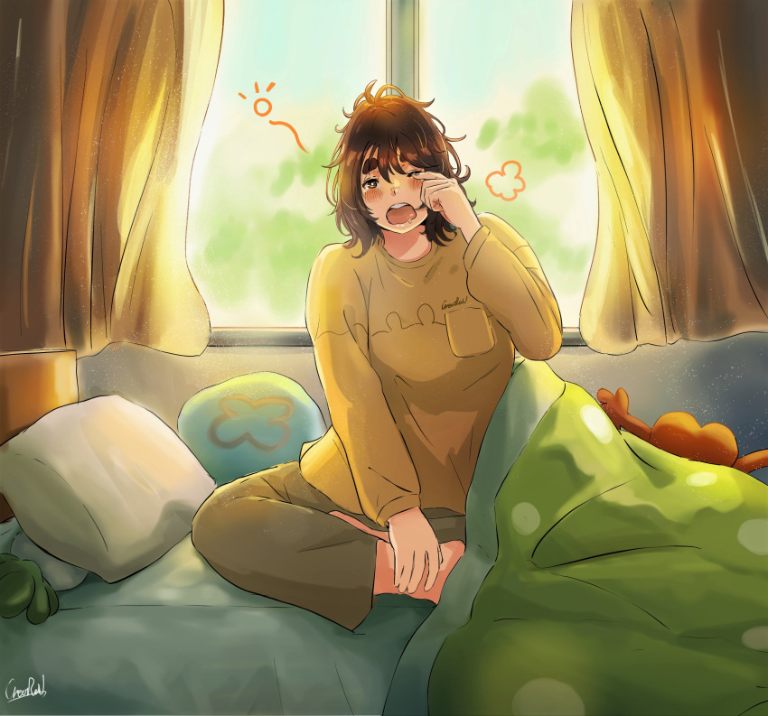 1girl, artist_name, barefoot, blush, brown_shirt, creatrail, curtains, highres, indian_style, jimiko, long_sleeves, looking_at_viewer, messy_hair, morning, original, pillow, pocket, rubbing_eyes, saliva, shirt, sitting, solo, stuffed_animal, stuffed_toy, thick_eyebrows, under_covers, waking_up, yawning