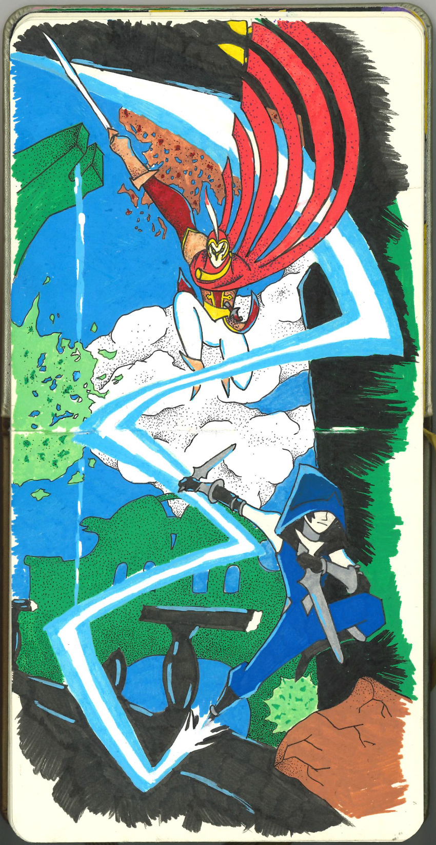 1girl, 1other, absurdres, ambiguous_gender, amputee, atmos_fabula, bird_mask, blue_hood