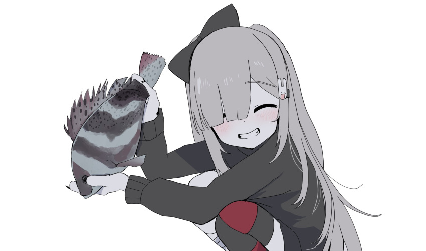 1girl, animal_hands, closed_eyes, fish, grey_hair, grin, hair_ornament, hair_over_one_eye