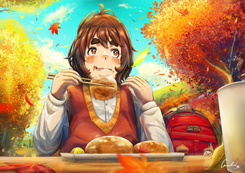 1girl, absurdres, artist_name, autumn_leaves, backpack, bag, bag_charm, brown_eyes