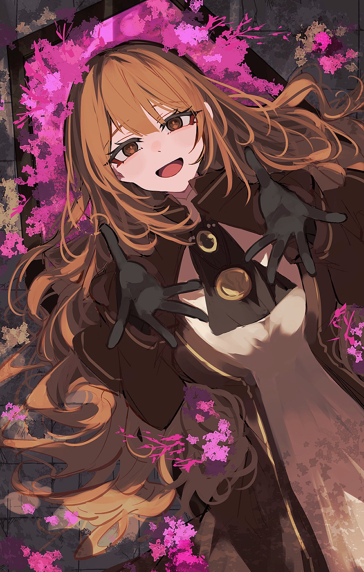 1girl, arms_up, ascot, black_gloves, brooch, brown_ascot, brown_dress, brown_eyes