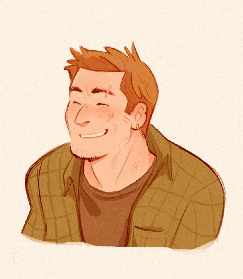 1boy, beard_stubble, blonde_hair, closed_eyes, cropped_torso, dean_winchester, earrings, eyebrow_cut, facial_hair, highres, jewelry, male_focus, redwing, scar, scar_on_cheek, scar_on_face, scar_on_nose, short_hair, simple_background, smile, solo, stubble, supernatural_(tv_series), white_background