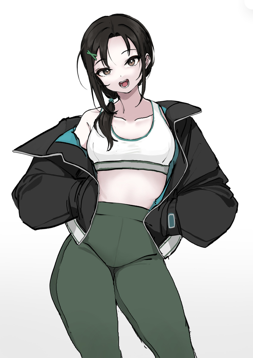 1girl, absurdres, aoki_kei, black_hair, breasts, brown_eyes, hair_ornament, hairclip