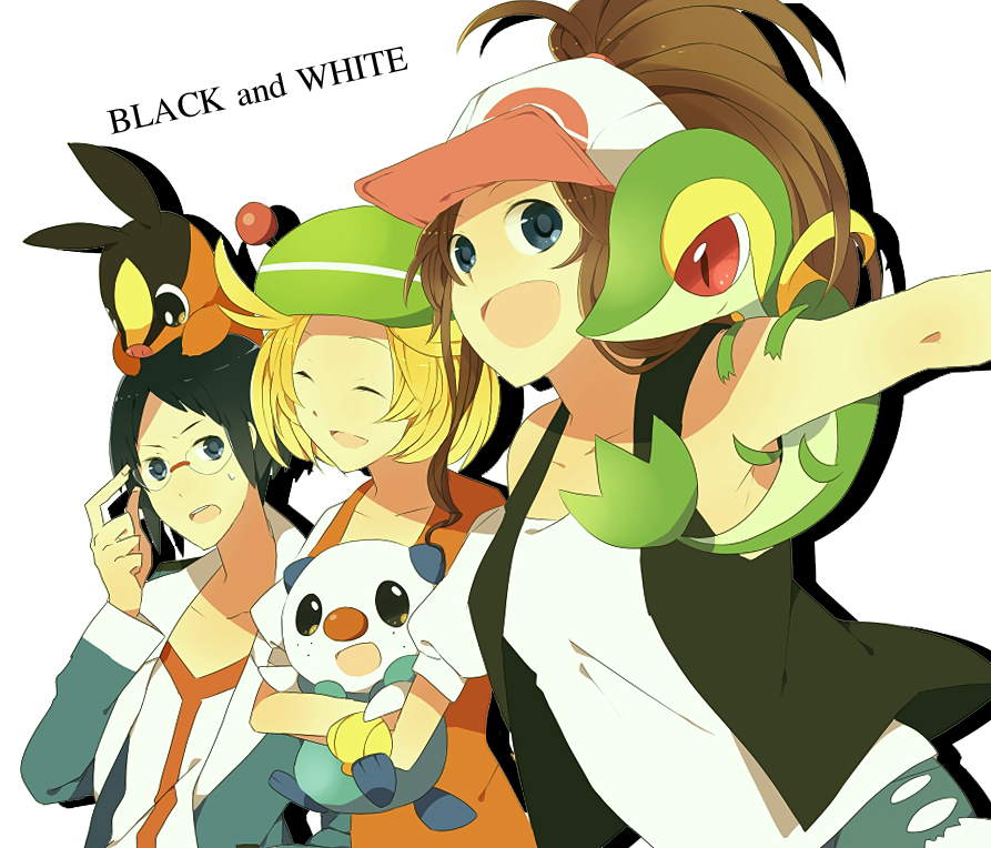 bare_shoulders, baseball_cap, bel_(pokemon), bell_(pokemon), black_hair, blonde_hair, blue_eyes, brown_hair