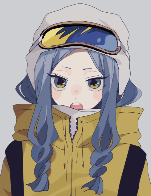 1girl, blue_hair, blush_stickers, club-shaped_pupils, goggles, goggles_on_head, hat, high_collar, jacket, looking_at_viewer, maco22, open_mouth, original, solo, symbol-shaped_pupils, upper_body